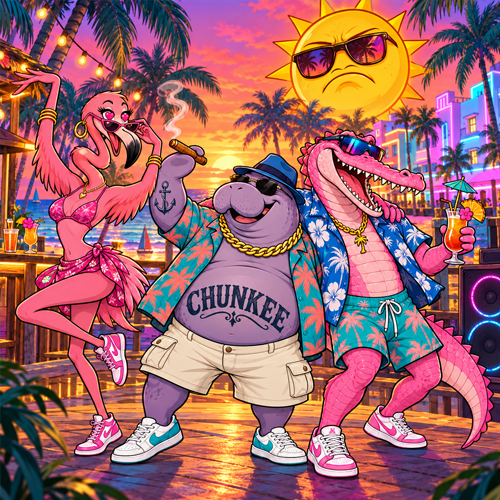 Chunkee dancing at a beach party with a flamingo and a crocodile