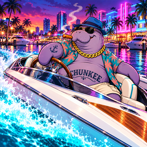 Chunkee driving a speedboat through a neon marina at sunset