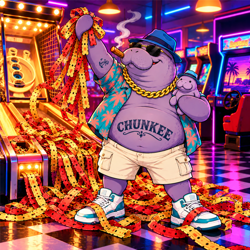 Chunkee winning a mountain of arcade tickets