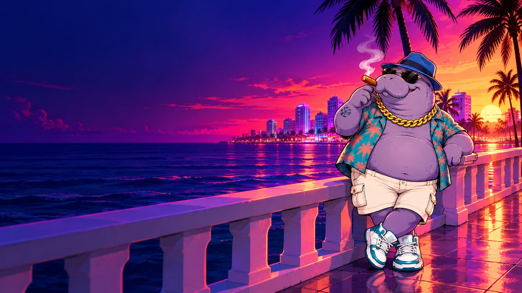 Chunkee the Manatee leaning on a Vice City boardwalk at neon sunset